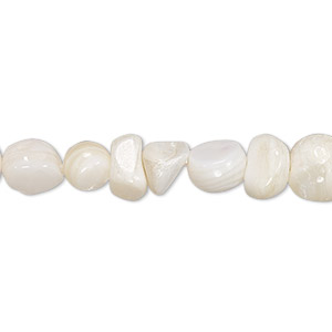 Bead, mother-of-pearl shell (natural / bleached), white, medium chip / small to large pebble / mini to small nugget, Mohs hardness 3-1/2. Sold per 15&quot; to 16&quot; strand.