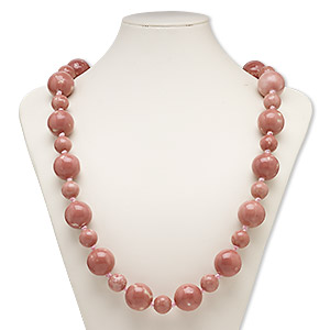 Necklace, porcelain and satin, dark pink and light pink, 15mm and 24mm round, 34-inch knotted with tie closure. Sold individually.