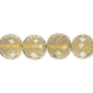 Bead, lemon smoky quartz (heated / irradiated), light to medium, 11-12mm hand-cut faceted round, A- grade, Mohs hardness 7. Sold per 8-inch strand.