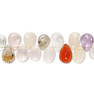 Bead, multi-gemstone (natural / dyed / heated / irradiated), multicolored, 8x6mm-10x8mm hand-cut top-drilled faceted puffed teardrop, B grade, Mohs hardness 3 to 7. Sold per 4-inch strand.