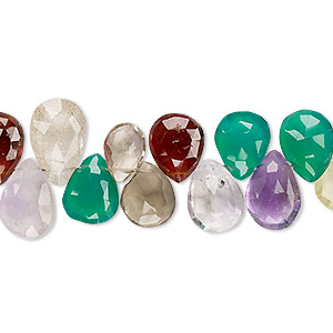 Bead, multi-gemstone (natural / dyed / heated / irradiated), multicolored, 10x7mm-13x8mm hand-cut faceted puffed teardrop, B- grade, Mohs hardness 3 to 7. Sold per 4-inch strand.