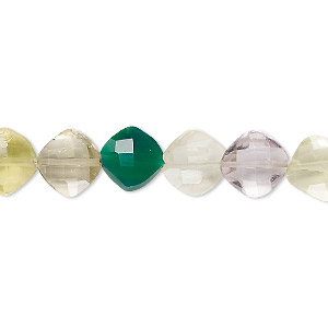 Bead, multi-gemstone (natural / dyed / heated / irradiated), multicolored, 9x9mm-10x10mm hand-cut faceted puffed diamond, B+ grade, Mohs hardness 3 to 7. Sold per 7-inch strand.