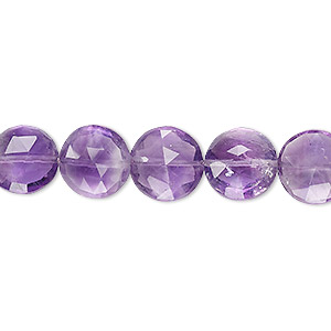Bead, amethyst (natural), light to dark, 10-11mm hand-cut faceted puffed flat round, B- grade, Mohs hardness 7. Sold per 8-inch strand.