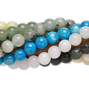 Bead mix, multi-gemstone (natural / dyed / stabilized / imitation) / glass / resin, multicolored, 5-6mm round and faceted round, Mohs hardness 3 to 7. Sold per pkg of (10) 7-inch strands.