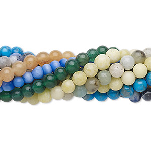 Bead mix, multi-gemstone (natural / dyed / stabilized / imitation) and glass, multicolored, 3-4mm round and faceted round, Mohs hardness 3 to 7. Sold per pkg of (10) 7-inch strands.