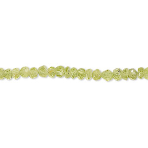Bead, peridot (natural), 3x2mm-4x3mm hand-cut faceted rondelle, B- grade, Mohs hardness 6-1/2 to 7. Sold per 13-inch strand.