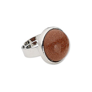 Ring, brown goldstone (manmade) with silver-plated steel and &quot;pewter&quot; (zinc-based alloy), 19-20mm round, adjustable from size 5-9. Sold individually.