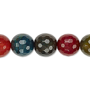 Bead, agate and Malaysia &quot;jade&quot; (dyed / heated), multicolored, 11-12mm faceted round, B grade, Mohs hardness 6-1/2 to 7. Sold per 15-inch strand.