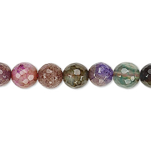 Bead, crackle agate / striped agate / Malaysia &quot;jade&quot; (dyed / heated), multicolored, 8-9mm faceted round, B grade, Mohs hardness 6-1/2 to 7. Sold per 15-inch strand.