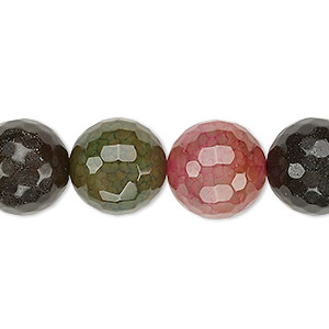 Bead, agate and Malaysia &quot;jade&quot; (dyed / heated), multicolored, 13-14mm faceted round, B grade, Mohs hardness 6-1/2 to 7. Sold per 15-inch strand.
