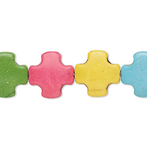 Bead, &quot;howlite&quot; (resin) (imitation), multicolored, 15mm Swiss cross. Sold per 15-inch strand.