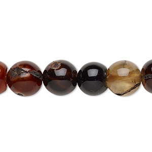 Bead, red agate / black agate / brown agate (dyed / heated), 9-10mm round, C grade, Mohs hardness 6-1/2 to 7. Sold per 15&quot; to 16&quot; strand.