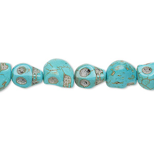 Bead, &quot;turquoise&quot; (resin) (imitation), blue-green, 9x7mm-10x8mm skull. Sold per 15-inch strand.