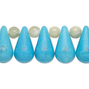 Bead mix, &quot;turquoise&quot; (imitation) resin and multi-gemstone (natural / dyed / heated), multicolored, 6mm round and 18x10mm-19x11mm top-drilled teardrop. Sold per pkg of 11.