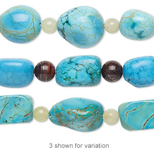 Bead mix, &quot;turquoise&quot; (imitation) resin and multi-gemstone (natural / dyed), blue-green and blue, 6-8mm round and medium nugget. Sold per pkg of 7.