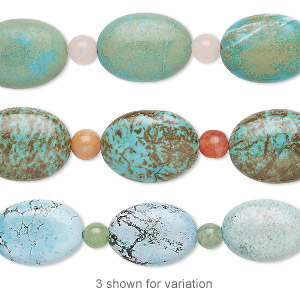 Bead mix, &quot;turquoise&quot; (imitation) resin and multi-gemstone (natural / dyed / heated), multicolored, 5-6mm round and 18x13mm-20x15mm puffed oval. Sold per pkg of 7.