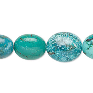 Bead, turquoise (dyed / stabilized), blue-green, 16x14mm-20x16mm puffed oval, B grade, Mohs hardness 5 to 6. Sold per 8-inch strand, approximately 10 beads.