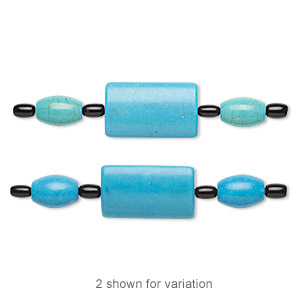 Bead mix, &quot;turquoise&quot; (imitation) resin and glass, blue-green / blue / black, 6x4mm barrel / 12x8mm-13x8mm barrel / 25x15mm-26x15mm puffed rectangle. Sold per pkg of 7.