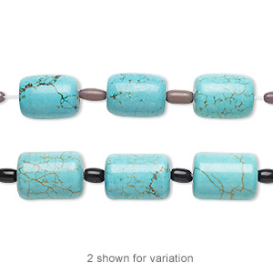 Bead mix, &quot;turquoise&quot; (imitation) resin and glass, light teal green and blue-green, 6x4mm-9x6mm barrel and 18x13mm-21x15mm round tube. Sold per pkg of 7.