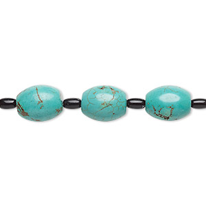 Bead mix, &quot;turquoise&quot; (imitation) resin and glass, dark teal and black, 6x4mm and 15x12mm barrel. Sold per pkg of 7.
