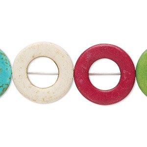 Bead, &quot;howlite&quot; (resin) (dyed / imitation), multicolored, 20mm round donut, 10mm center hole. Sold per 15-inch strand.
