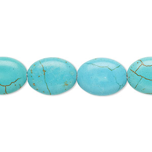 Bead, magnesite (dyed / stabilized), blue-green and light blue, 15x12mm-16x12mm puffed oval, C grade, Mohs hardness 3-1/2 to 4. Sold per 15-inch strand.