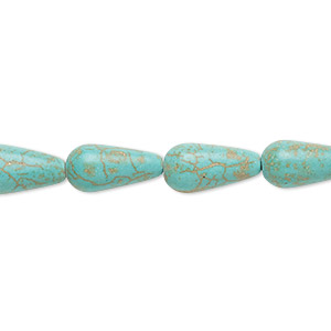 Bead, magnesite (dyed / stabilized), light teal green, 13x7mm-14x7mm teardrop, C grade, Mohs hardness 3-1/2 to 4. Sold per 15-inch strand.