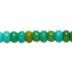 Bead, magnesite (dyed / stabilized), apple green and teal green, 8x5mm rondelle, C- grade, Mohs hardness 3-1/2 to 4. Sold per 15-inch strand.