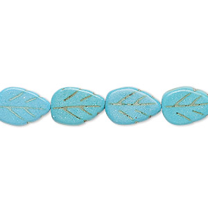 Bead, &quot;turquoise&quot; (resin) (imitation), blue, 13x9mm carved flat leaf. Sold per 15-inch strand.