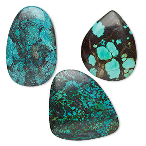 Cabochon mix, turquoise (dyed / stabilized), blue, 60x25mm-80x70mm non-calibrated freeform, B grade, Mohs hardness 5 to 6. Sold individually.