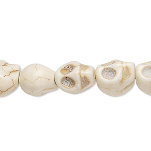 Bead, &quot;howlite&quot; (resin) (imitation), white, 12x10mm skull. Sold per 15-inch strand.