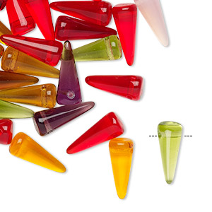 Bead, Preciosa, Czech pressed glass, transparent mixed colors, 13x5mm top-drilled spike with 0.7-1mm hole. Sold per 25-gram pkg, approximately 70 beads.