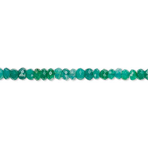 Bead, green onyx (dyed), 3x2mm-4x3mm hand-cut faceted rondelle, C grade, Mohs hardness 6-1/2 to 7. Sold per 13-inch strand.