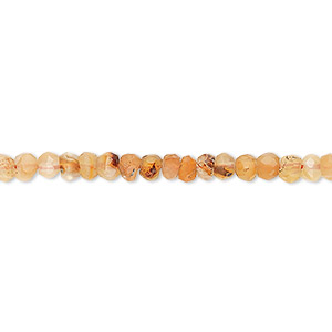 Bead, carnelian (dyed / heated), light, 3x2mm-4x3mm hand-cut faceted rondelle, C grade, Mohs hardness 7. Sold per 12-inch strand.