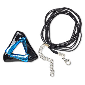 Focal and neck cord, Paula Radke, waxed cotton cord / dichroic glass / silver-finished &quot;pewter&quot; (zinc-based alloy), black and blue, 41mm-42mm open triangle, 17 inches with 2-inch extender chain and lobster claw clasp. Sold per 2-piece set.