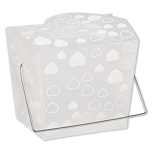 Box, plastic and silver-finished steel, clear and white, 2-3/4 x 2 x 2-1/2 inch takeout box with heart design and handle. Sold per pkg of 6.