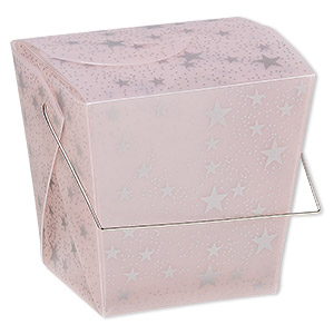 Box, plastic and silver-finished steel, pink and silver, 4-1/8 x 3-1/2 x 4-inch takeout box with star design and handle. Sold per pkg of 6.
