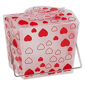 Box, plastic and silver-finished steel, clear and red, 2-3/4 x 2 x 2-1/2 inch takeout box with heart design and handle. Sold per pkg of 6.