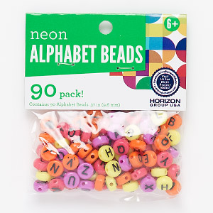 Bead mix, plastic, opaque mixed neon colors, 10mm double-sided flat round with alphabet letters and heart. Sold per pkg of 90.