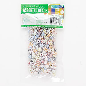 Bead mix, plastic, opaque mixed colors, 8mm round and 9x6mm star with smiley face. Sold per pkg of 300.