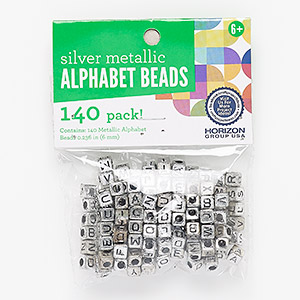 Bead mix, antique silver-coated plastic, 6mm cube with alphabet letters and 3mm hole. Sold per pkg of 140.
