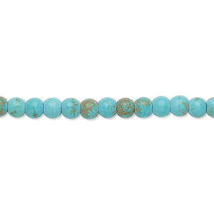 Bead, magnesite (dyed / stabilized), blue, 4mm round, D grade, Mohs hardness 3-1/2 to 4. Sold per 15-inch strand.