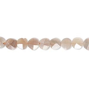 Bead, peach moonstone (coated), luster, 5-6mm hand-cut faceted flat round, B grade, Mohs hardness 6 to 6-1/2. Sold per 8-inch strand.