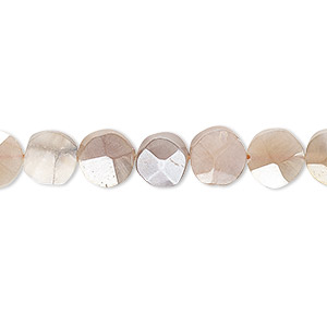 Bead, peach moonstone (coated), luster, 7-8mm hand-cut faceted flat round, B grade, Mohs hardness 6 to 6-1/2. Sold per 8-inch strand.
