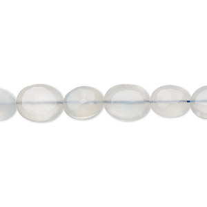Bead, blue chalcedony (dyed), light, 8x7mm-10x8mm hand-cut faceted puffed oval, C grade, Mohs hardness 6-1/2 to 7. Sold per 8-inch strand.