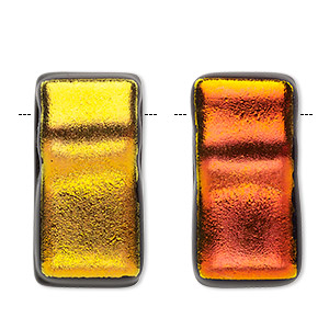 Bead, Paula Radke, dichroic glass, opaque amber / orange / black, 31x15mm-33x18mm top-drilled rectangle. Sold individually.