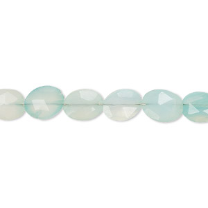 Bead, aqua blue chalcedony (dyed), light, 8x6mm-10x7mm hand-cut faceted puffed oval, B grade, Mohs hardness 6-1/2 to 7. Sold per 6-inch strand.