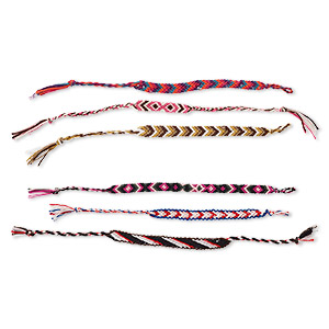 Bracelet mix, knit cotton, mixed colors, 7-12mm wide, adjustable up to 8 inches with tie and button closure. Sold per pkg of 3.