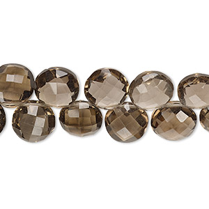 Bead, smoky quartz (heated / irradiated), medium to dark, 8-10mm hand-cut top-drilled faceted puffed flat round with 0.4-1.4mm hole, B+ grade, Mohs hardness 7. Sold per 6-inch strand.