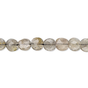 Bead, labradorite (natural), 6-8mm hand-cut faceted flat round with 0.4-1.4mm hole, C+ grade, Mohs hardness 6 to 6-1/2. Sold per 8-inch strand.